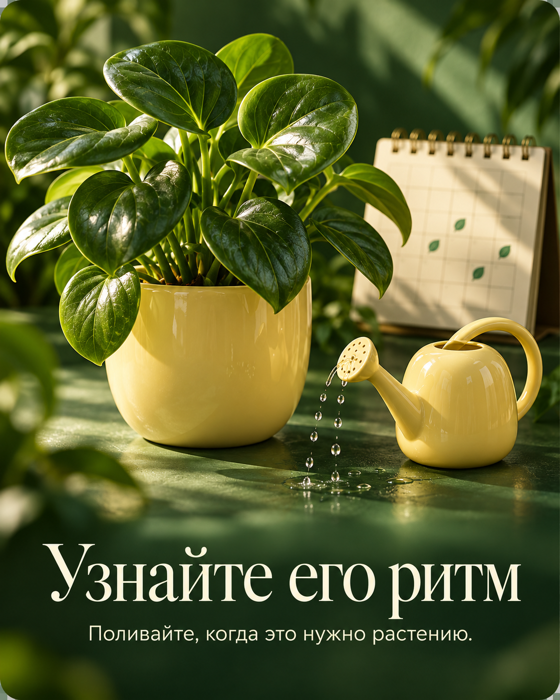 Растение, лейка и календарь ухода